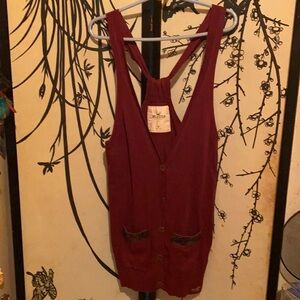 Y2K Hollister Women’s Burgundy Wine Overall Dress Razor Back Vest Sequins Pocket